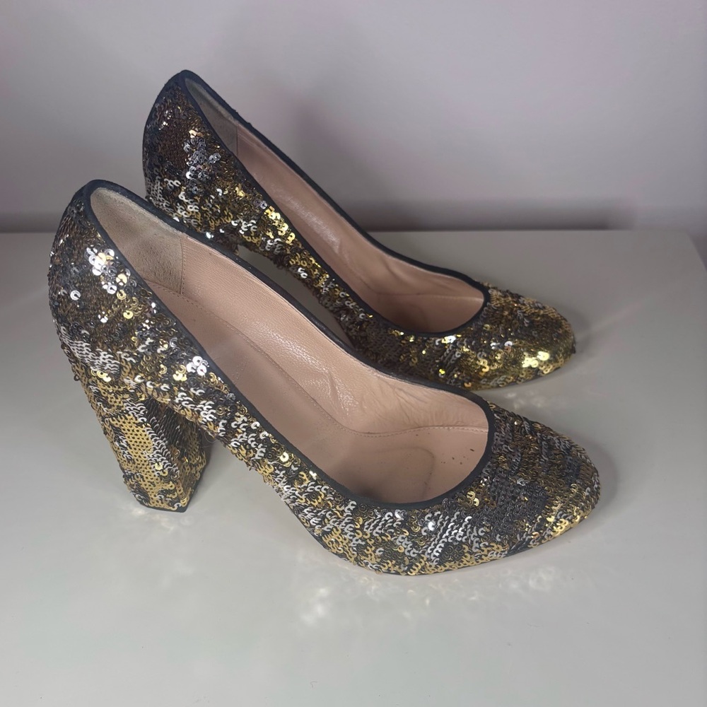 J Crew Womens Etta Sequin Pumps Shoes Metallic Gold Silver Chunky Heels